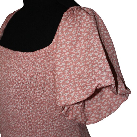 SALE Floral Smocked Mini Dress with Ruffle and Puffed Sleeves Pink XL NWT's - Picture 7 of 12